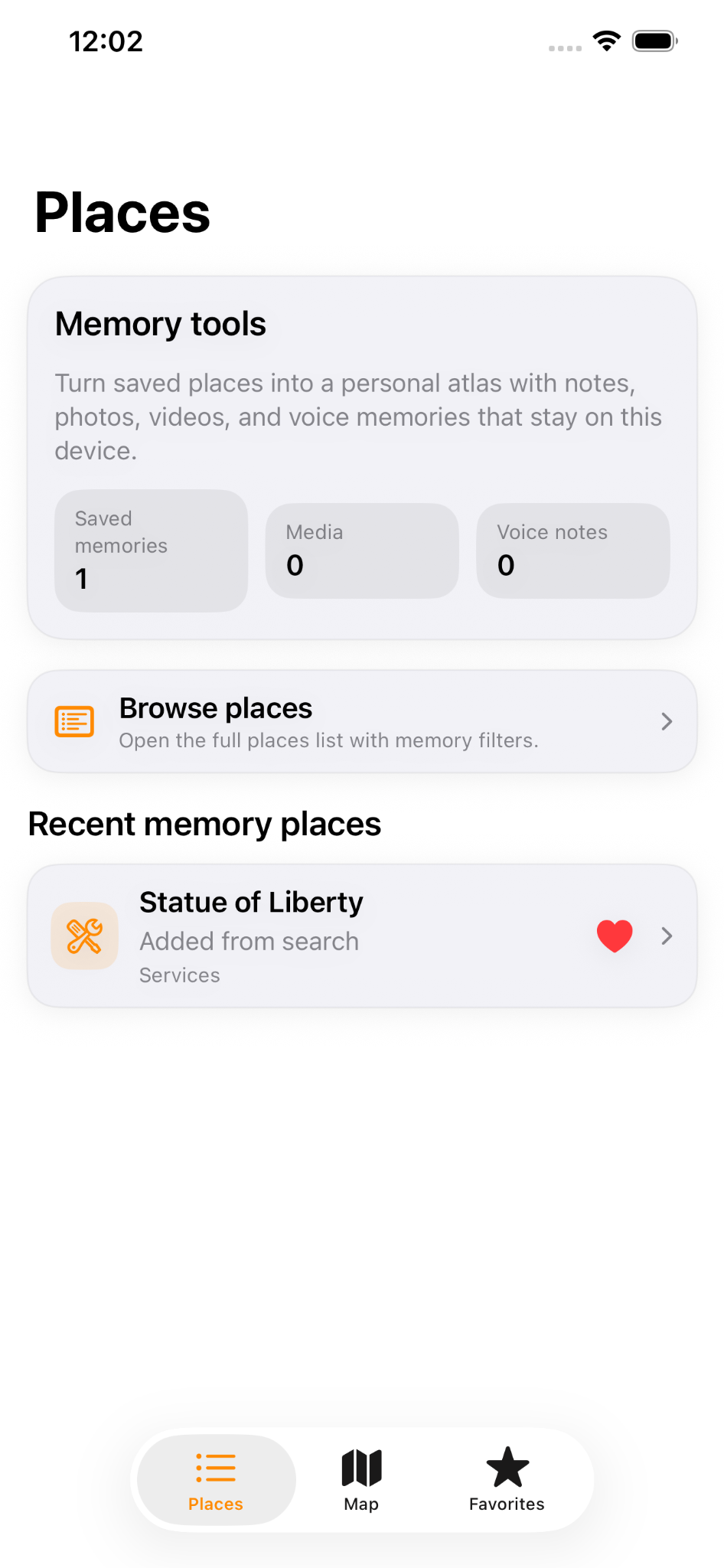 Memory Roamer Places screen screenshot