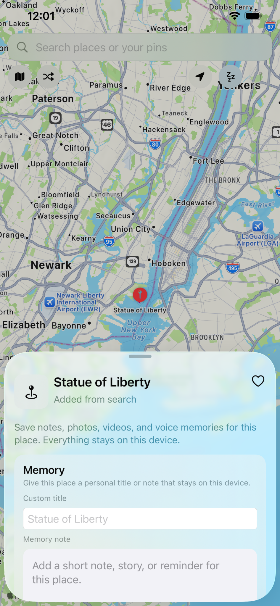 Saved place details screen in Memory Roamer